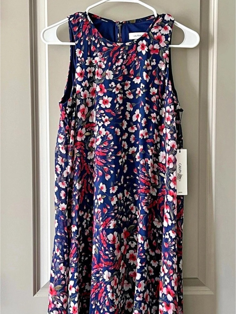 Calvin Klein Sleeveless Floral Chiffon Shift Dress Blue & Pink Size Small